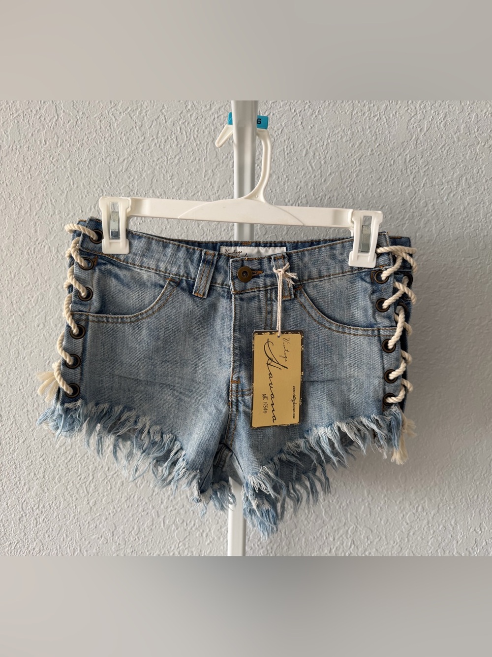Vintage Havana Light Blue Lace-Up Frayed Denim Shorts
